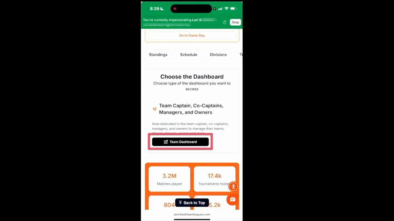 Mobile screen showing Choose the Dashboard with Team Dashboard button highlighted