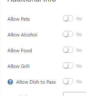 On-site amenity toggles including parking, restrooms, food, and more