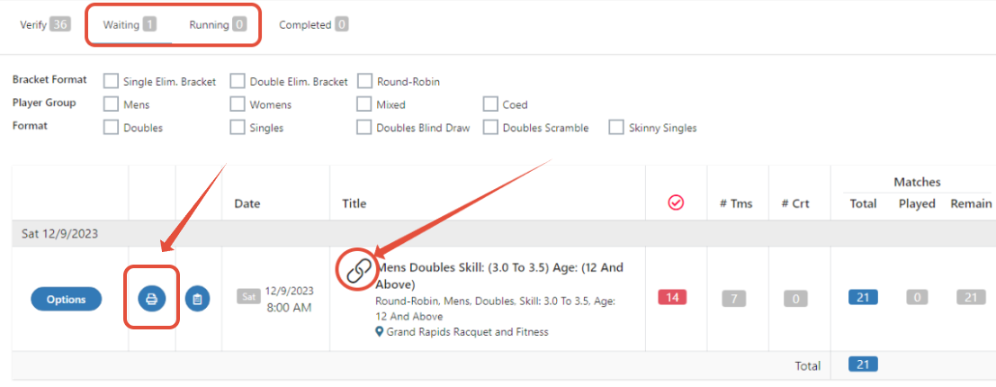 Print all score sheets button for an event
