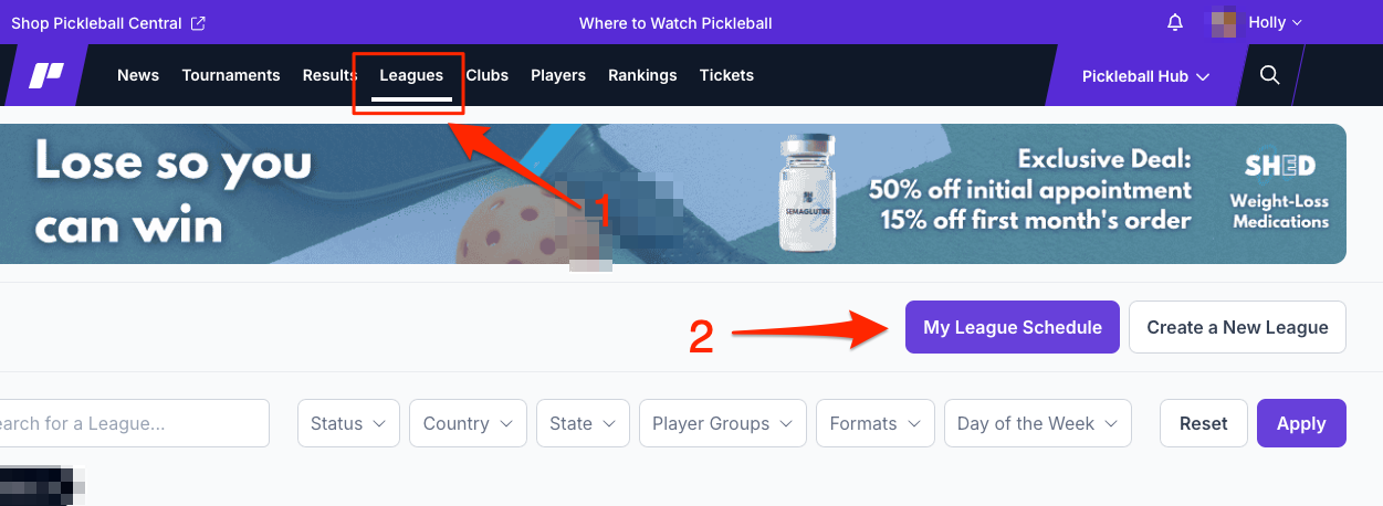 Leagues navigation showing My League Schedule option and Active/Completed filter