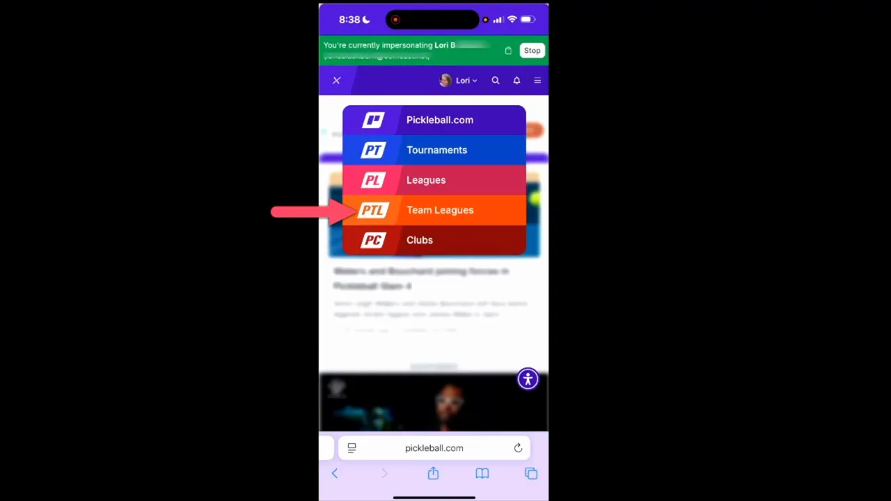 Mobile screen with main menu open and Team Leagues option highlighted