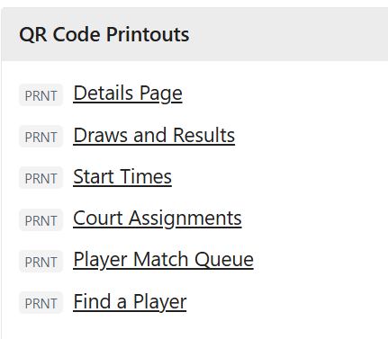 QR Code options showing different tournament pages available to link to