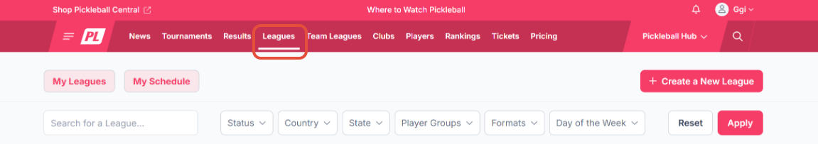 Pickleball.com league search screen showing league listings and search filters