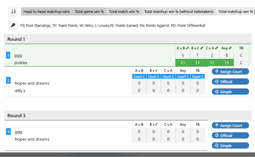 Live Console bracket view with a matchup shaded light green, meaning it hasn't been marked completed