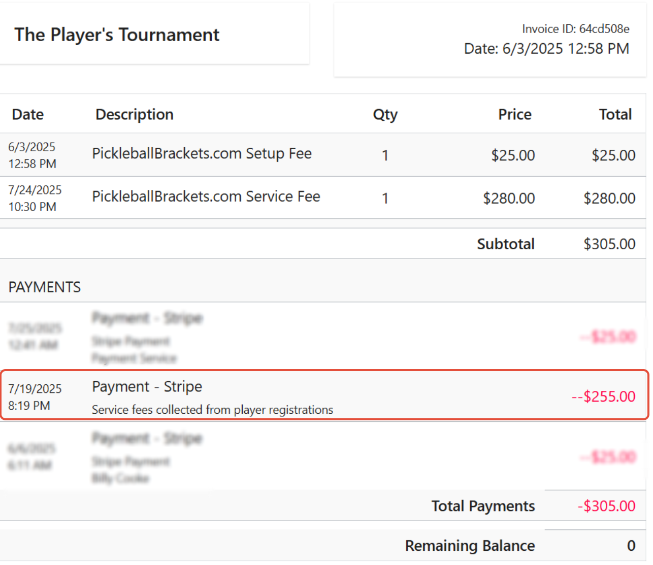 Tournament fees breakdown showing Due and Paid totals