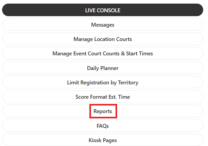 QR Code Printout section in the Reports tab showing available tournament QR codes