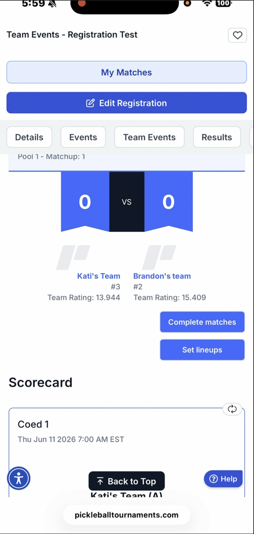 Tournament homepage showing My Matches tab and match scorecard with Go to Matchup option