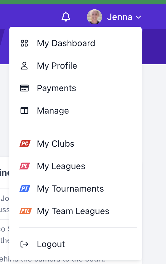 User menu showing My Clubs, My Leagues, My Tournaments, and My Team Leagues options