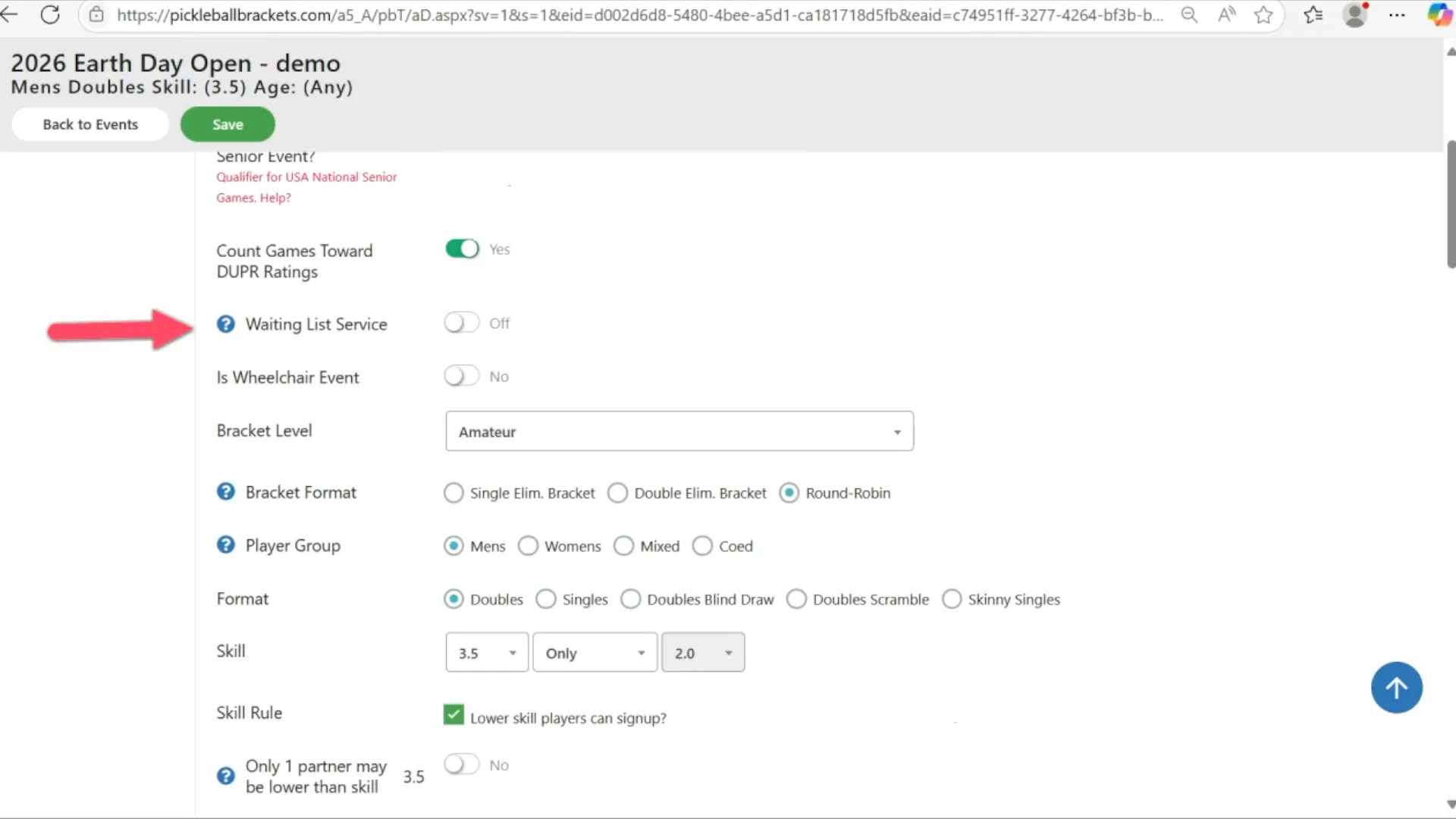 Event customization screen showing waitlist and age split options