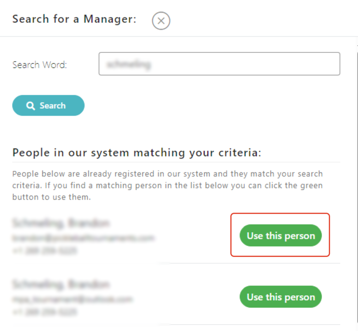 Manager search with Use this Person button