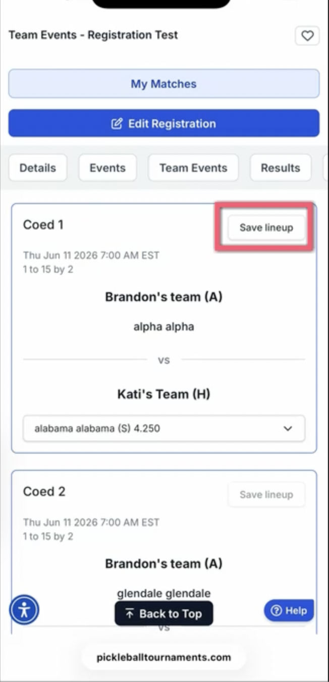 Lineup entry page showing section fields with player names and Save Lineup buttons