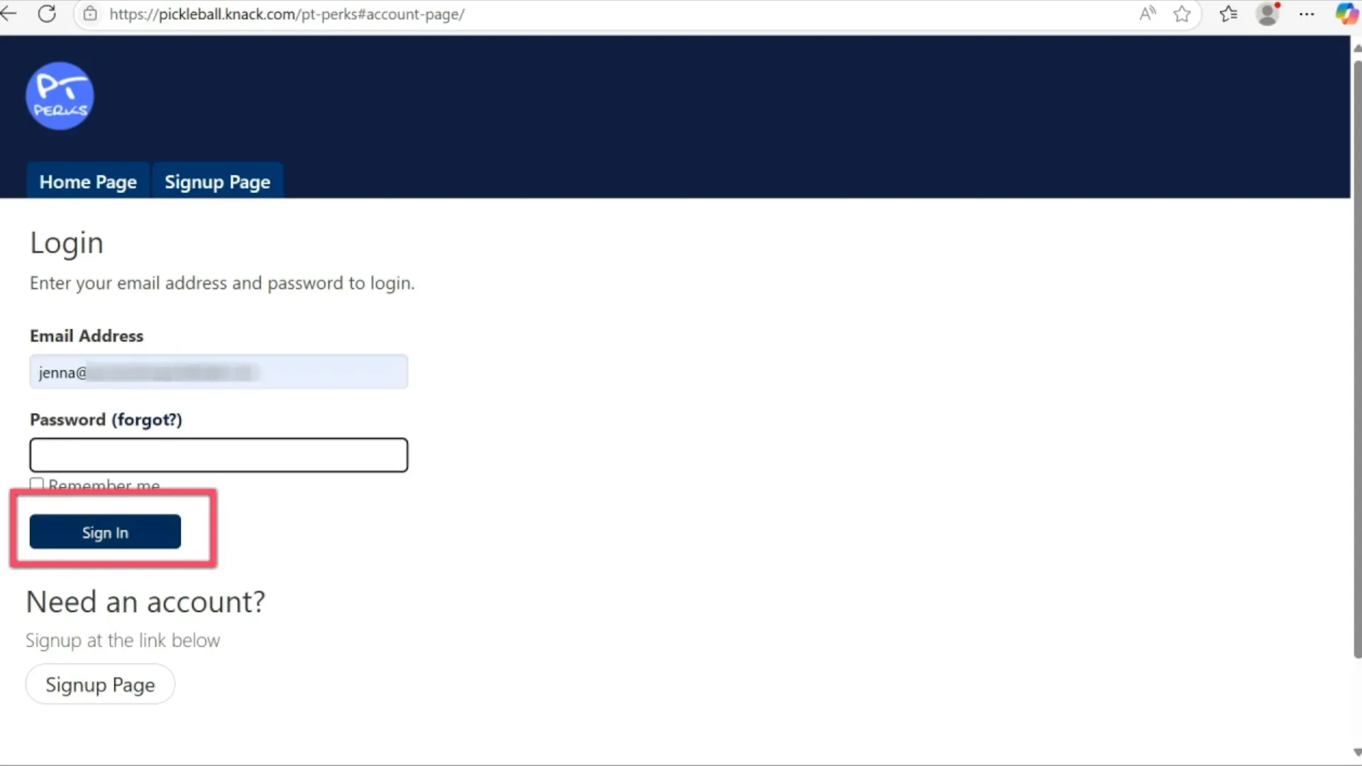 PT Perks account sign-up welcome page