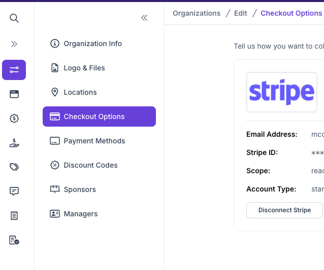 Stripe checkout option toggle in league setup