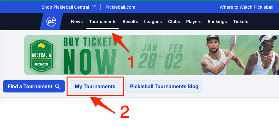 Tournaments navigation showing My Tournaments and Registered For options