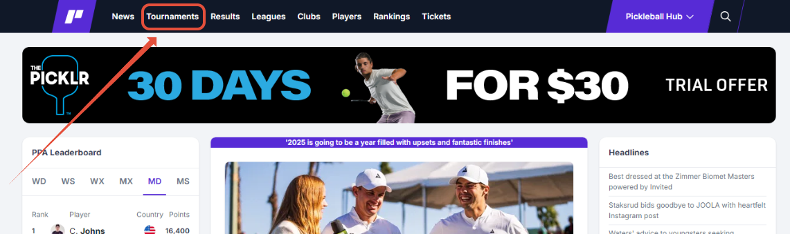 Tournaments tab in Pickleball.com account navigation