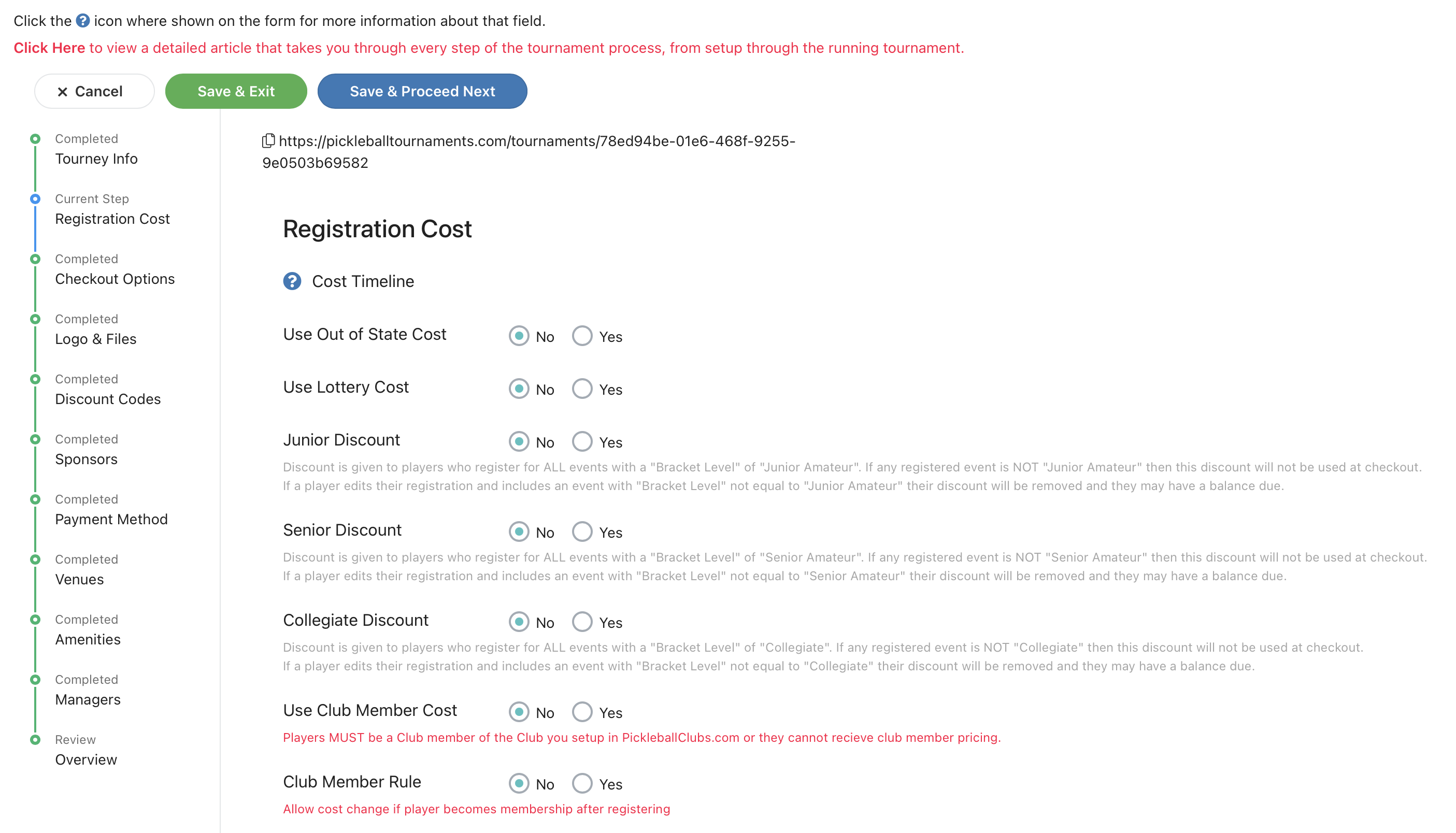 Discount options at the top of the Registration Cost page