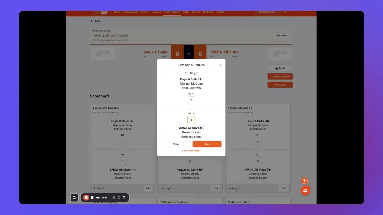 Scorecard pop-up modal with score input fields and a Save button