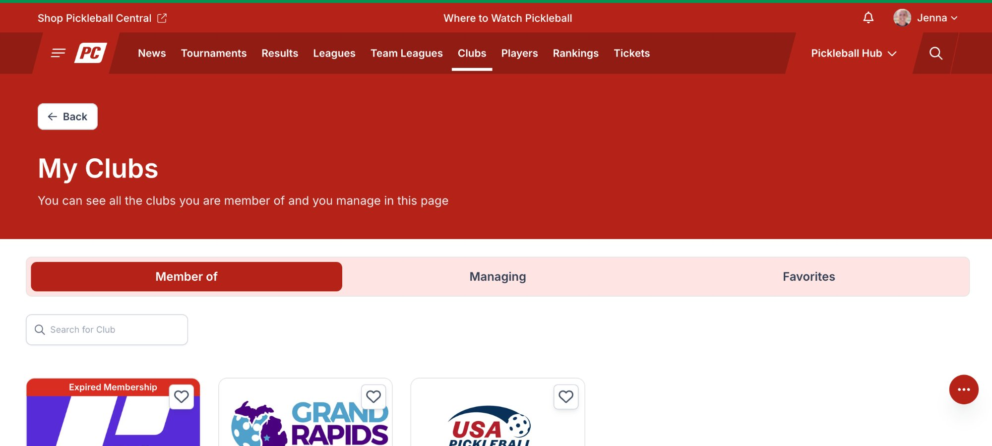 My Clubs page showing the Member of, Managing, and Favorites tabs and the Search for Club box