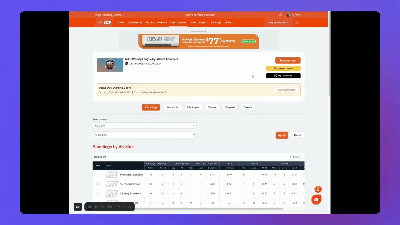 Team league dashboard showing 'Game Day Starting Soon' banner and standings by division