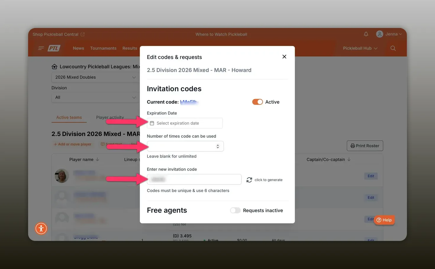 Edit codes and requests modal showing expiration date, usage limit, code field, and free agents toggle