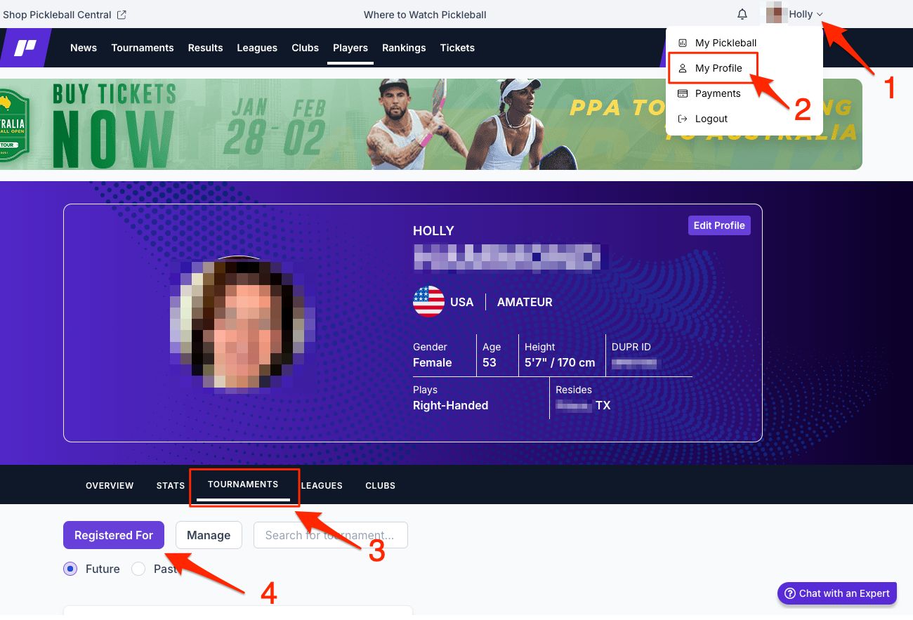 User menu showing My Profile option, then Tournaments tab on the profile page