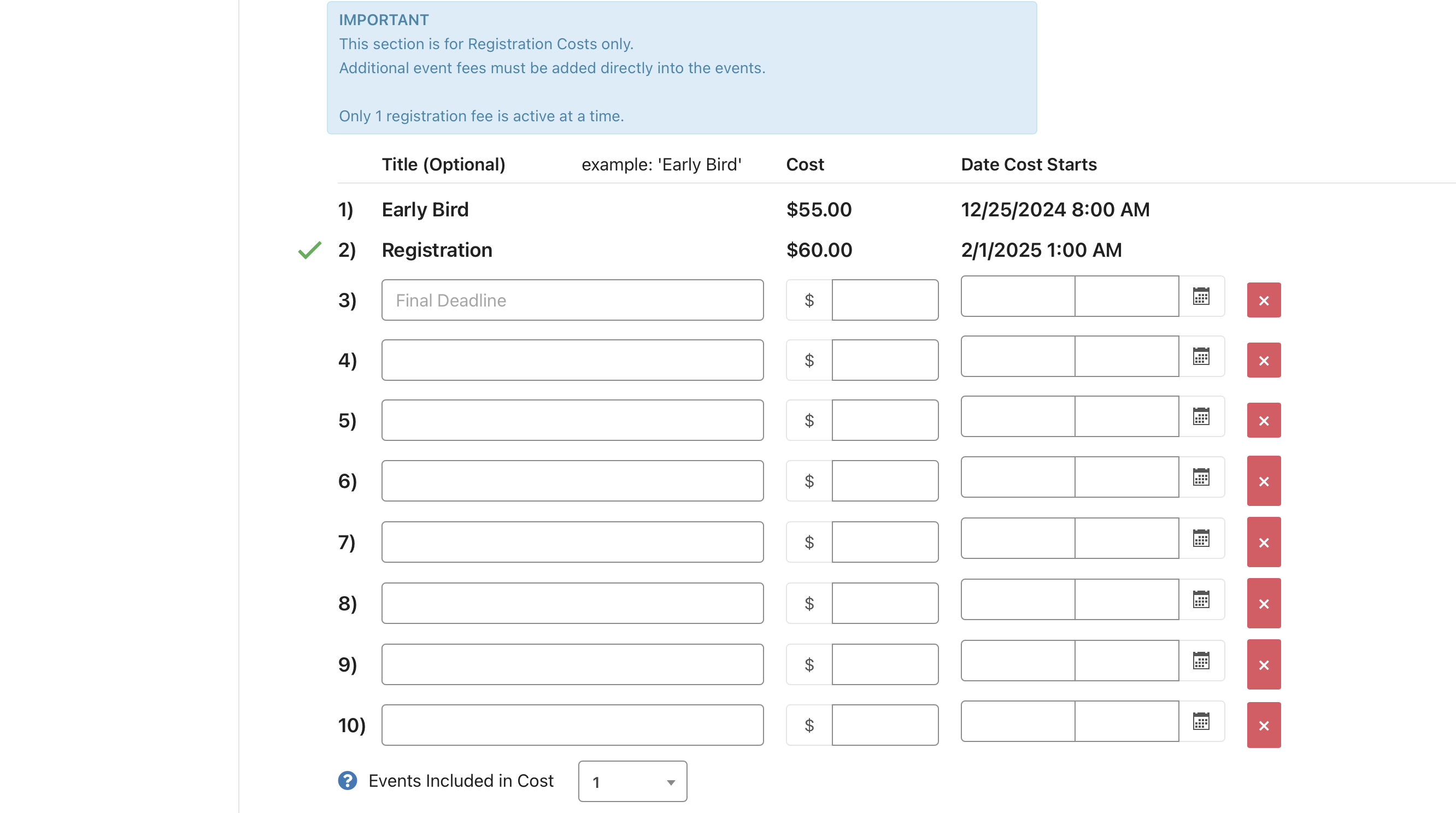 Registration cost windows with start dates and times