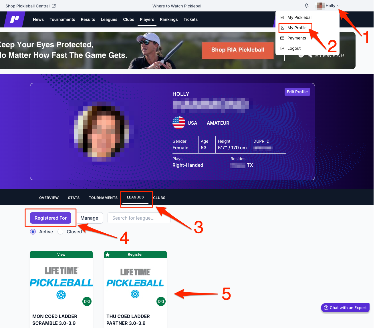 User menu showing My Profile option, then Leagues tab and Registered For button on the profile page