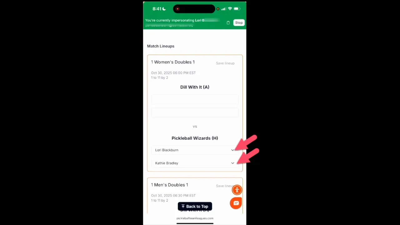 Mobile lineup card with arrows pointing to player selection dropdowns