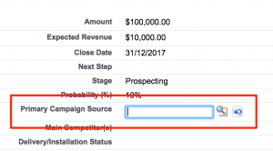 Salesforce opportunity record showing a single Primary Campaign Source field, illustrating the limitation of CRM-only attribution