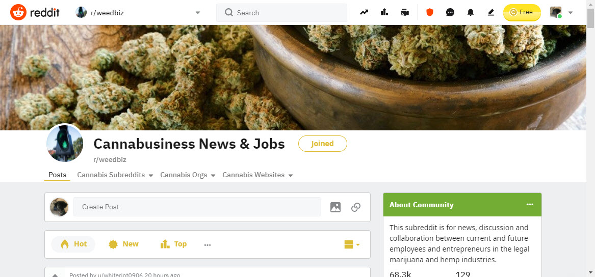 Reddit weedbiz community page