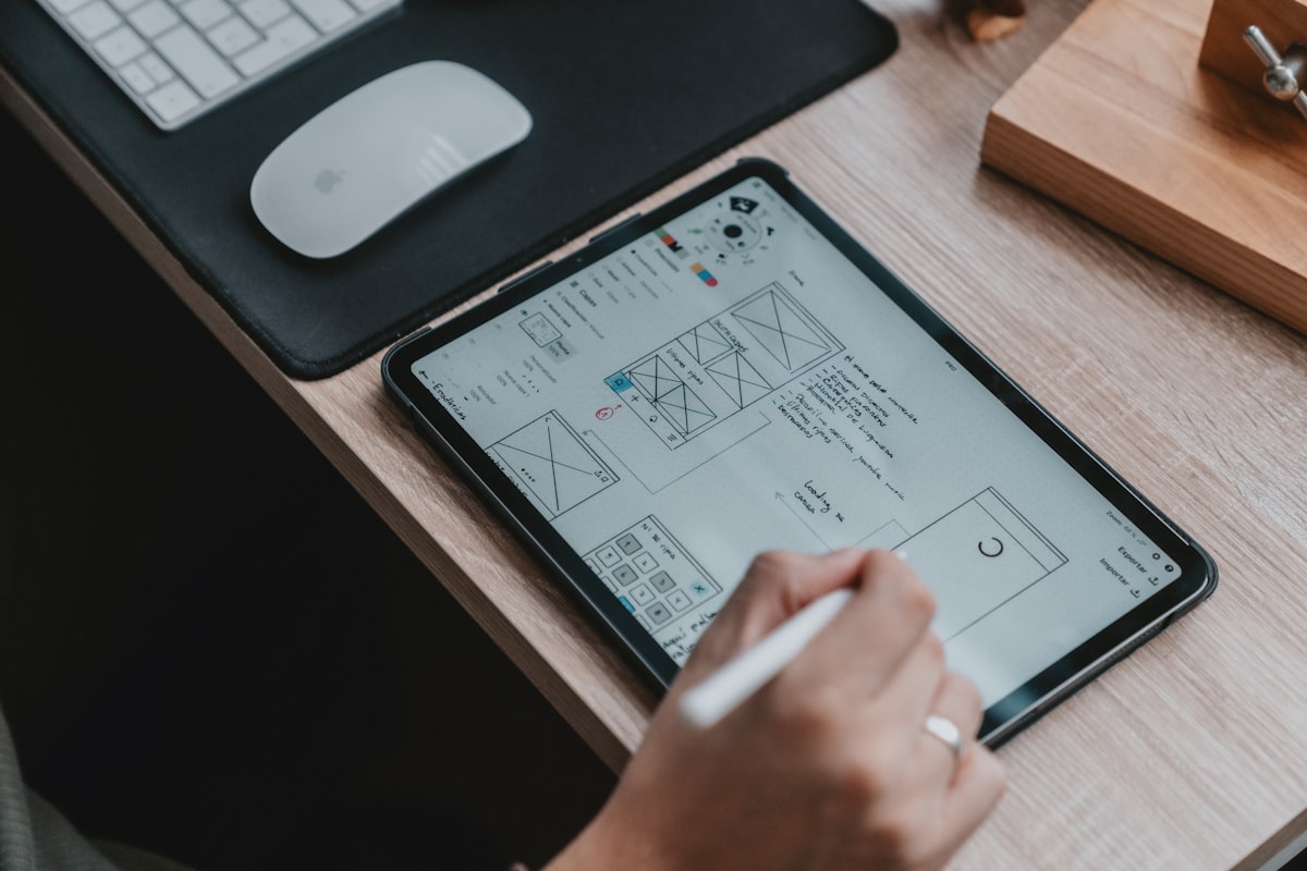 Designer working on a clean, minimal popup design on a computer screen