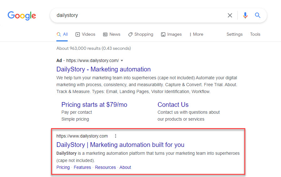 DailyStory search engine results page example