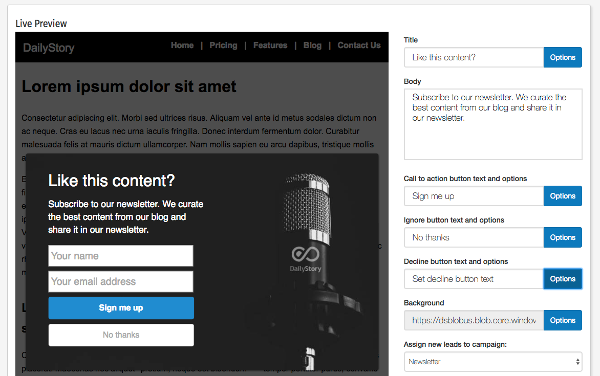 DailyStory popup designer showing an exit intent popup configuration