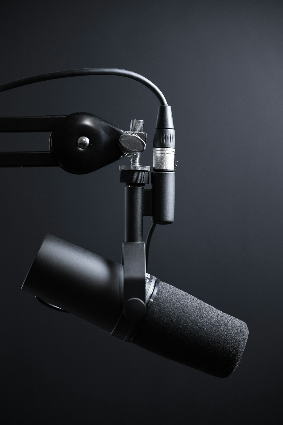 Podcast host recording an episode with a professional microphone in a home studio setup