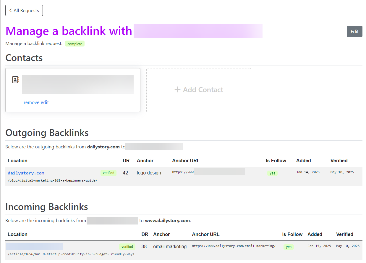 Manage a backlink request in Backlink Monkey