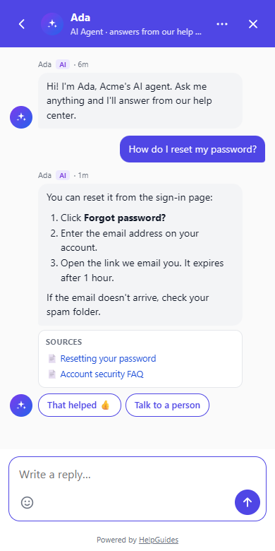 The messenger full-screen on a phone, showing an AI answer with sources and the reply box