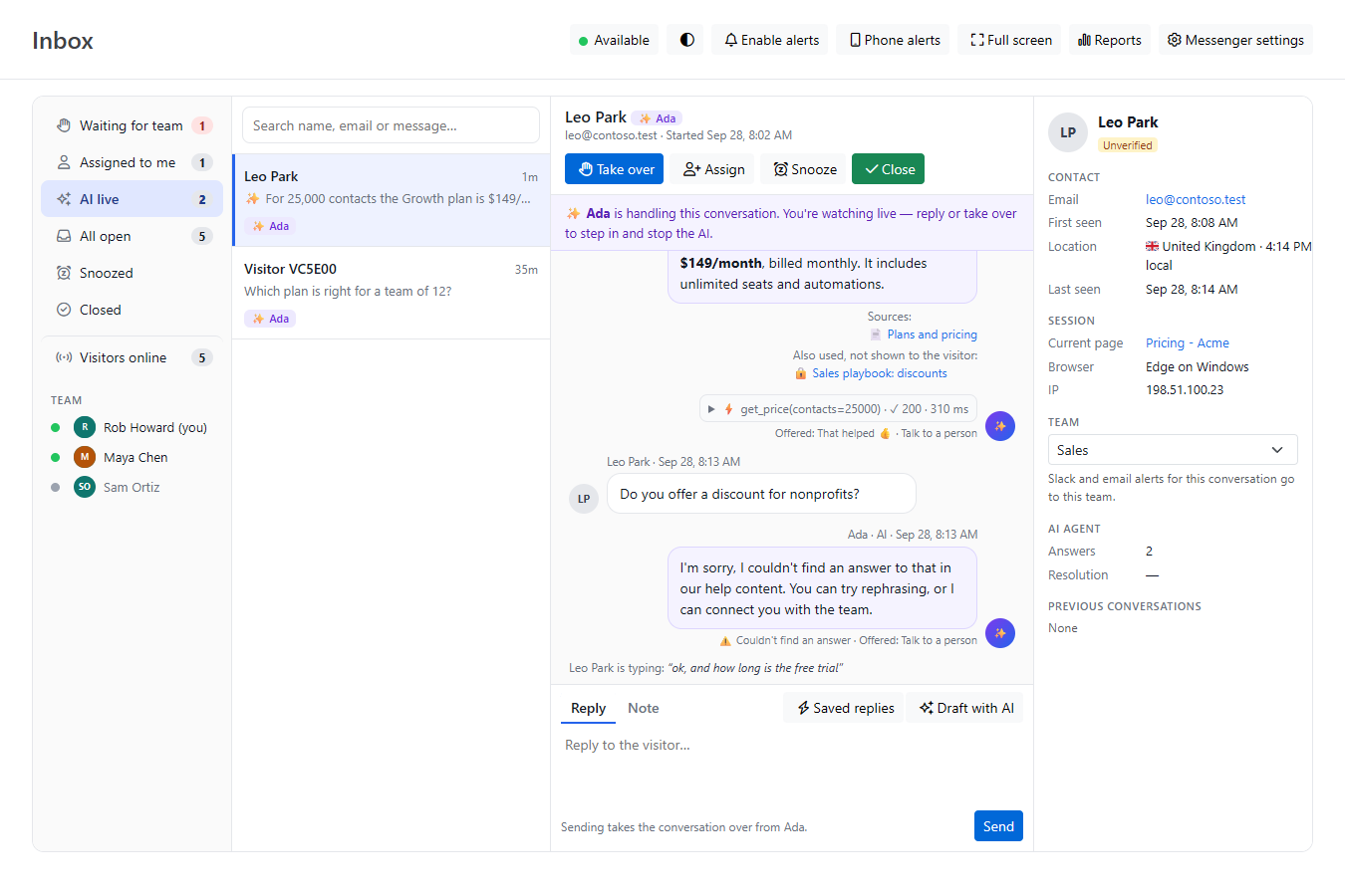 The team inbox watching the AI answer a visitor live