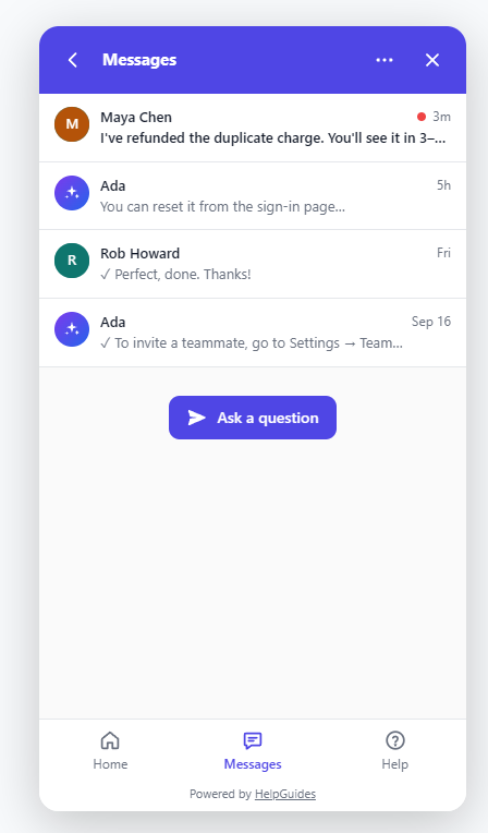 The Messages tab listing four conversations with who replied last and a preview; an unread one is bold with a red dot and closed ones are ticked