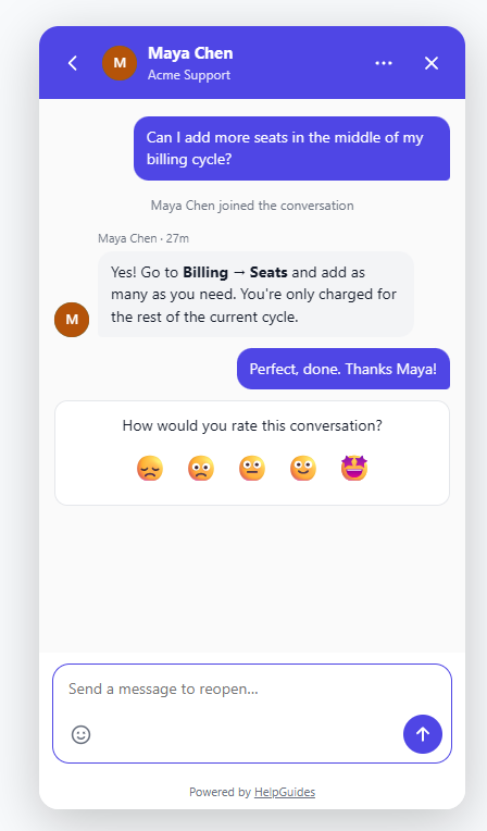 A closed conversation with a teammate, ending with How would you rate this conversation and five faces to choose from