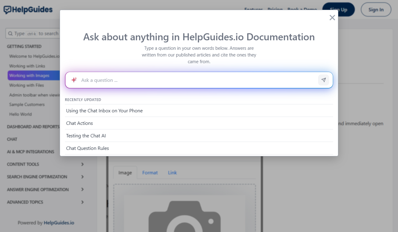Search popup asking for a question with recently updated articles below