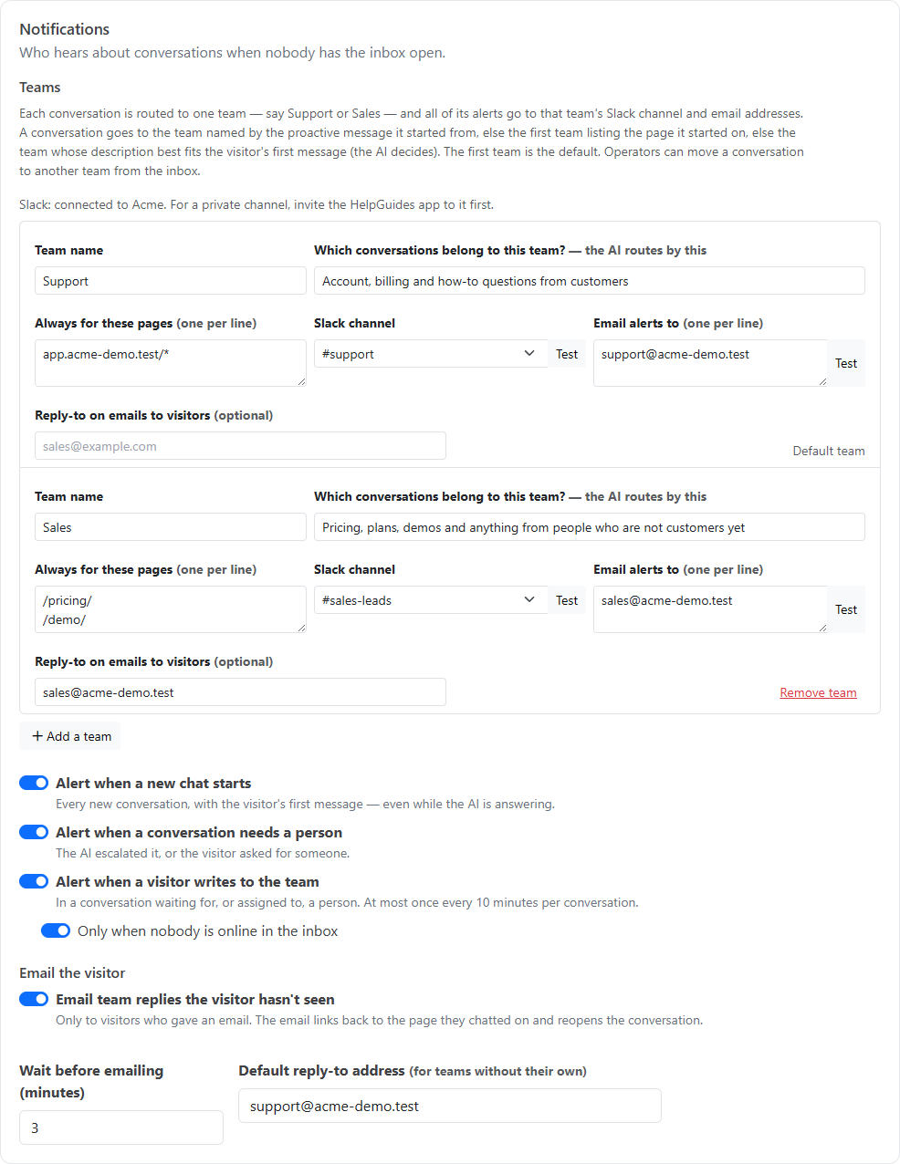 The Notifications tab with Support and Sales teams, each with a description, page patterns, Slack channel, alert emails and reply-to address, followed by the alert switches and visitor email settings