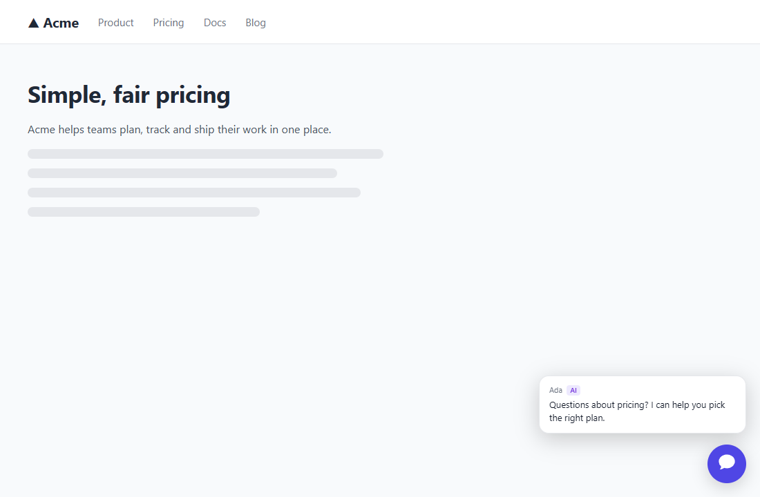 A pricing page with the proactive message shown as a bubble above the chat button