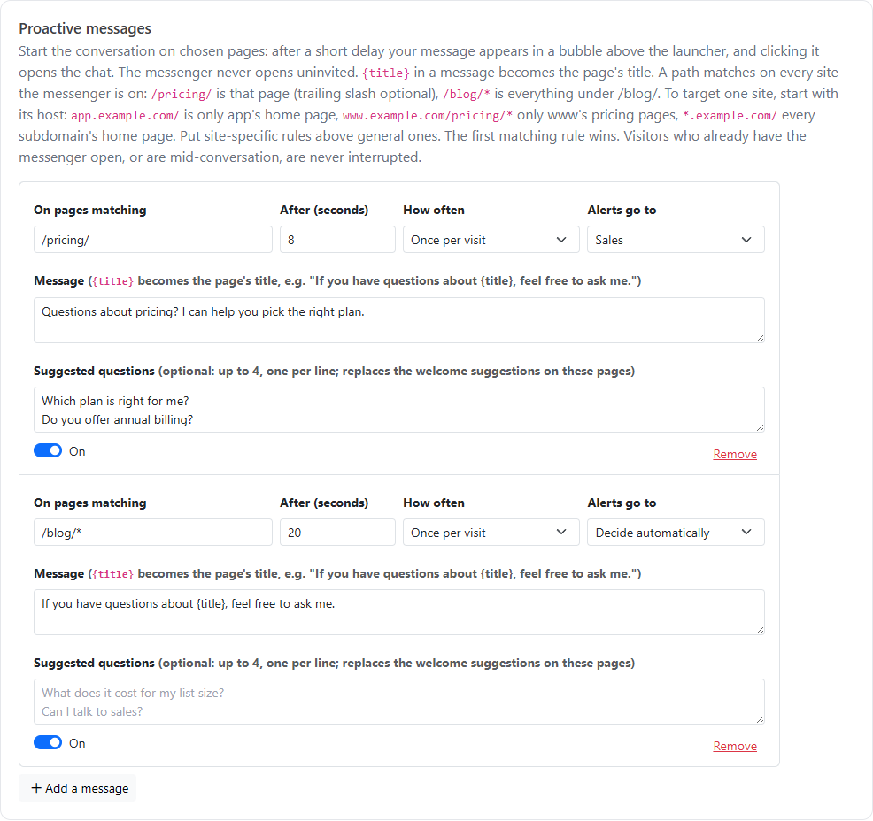 Proactive messages settings with two messages, one using {title} on blog pages