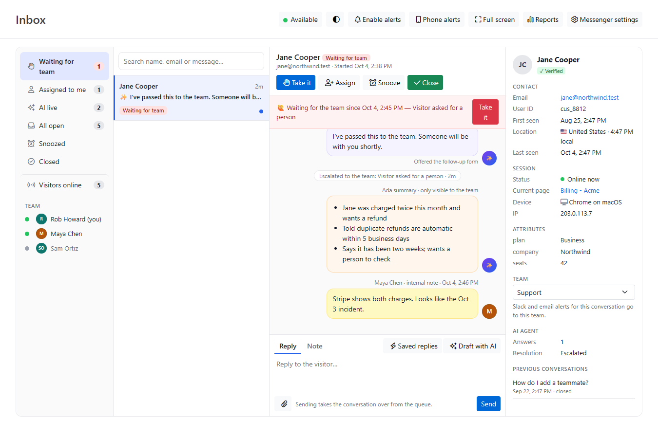 A conversation waiting for the team, with a Take it button and the AI summary note