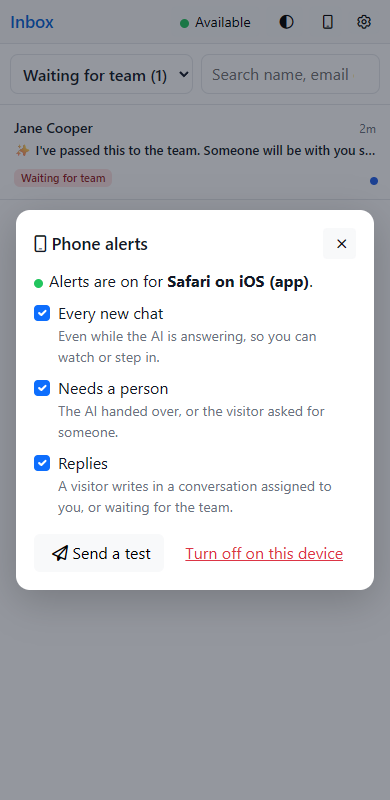The Phone alerts panel on a phone: alerts are on for this device, with Every new chat, Needs a person and Replies ticked, and Send a test and Turn off on this device buttons