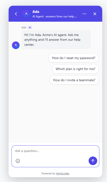 The messenger showing the welcome message with three suggested questions as buttons