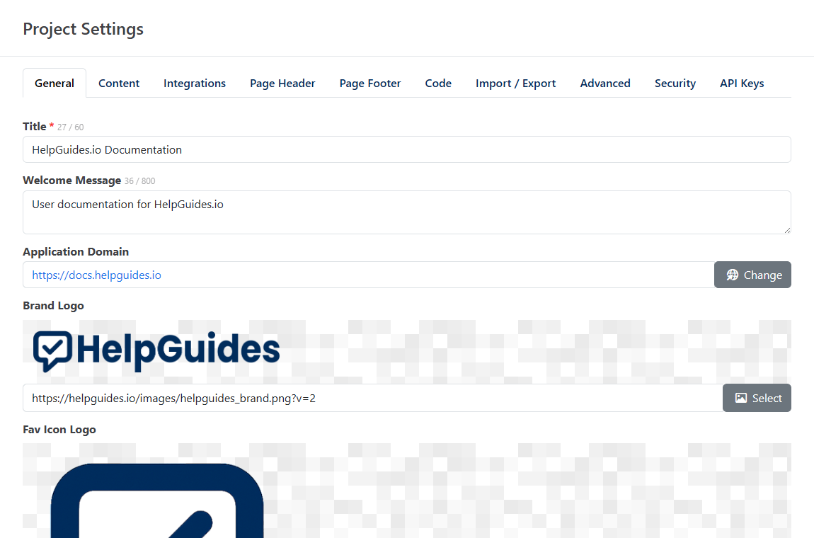 Project Settings, General tab with title, welcome message, application domain and brand logo