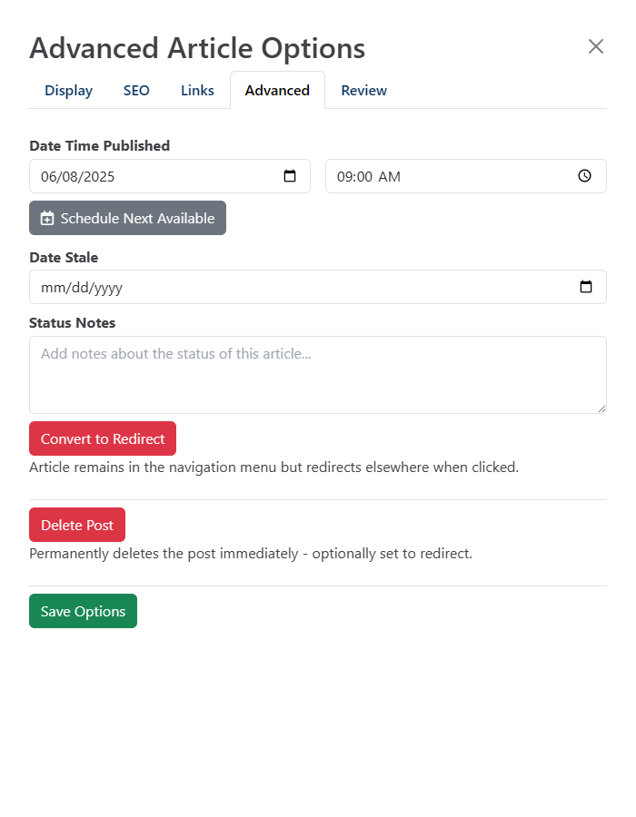 Advanced Article Options Advanced tab