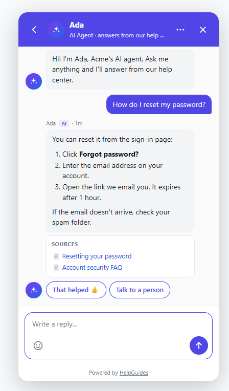 The chat messenger with an AI answer made from help articles, with sources and That helped and Talk to a person buttons