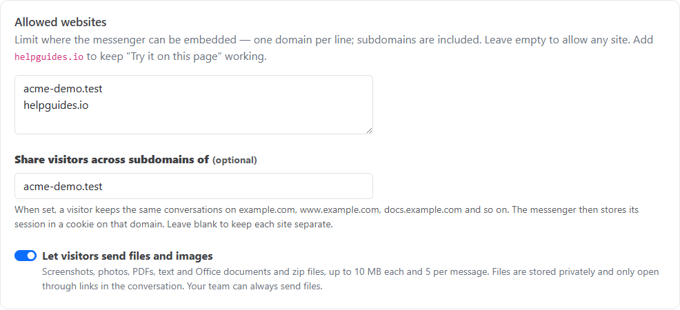 Install and security tab with the Let visitors send files and images switch